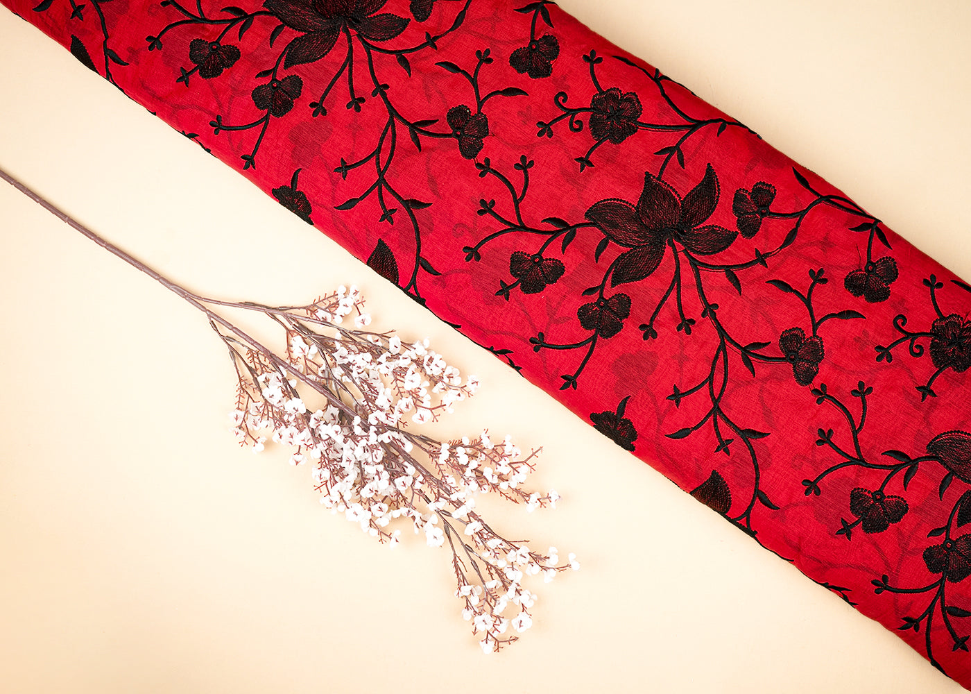 Red Chanderi Fabric With All Over Thread Work 21950