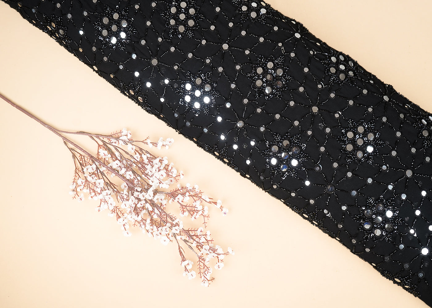 Black Georgette Fabric With All Over Sequins, Katdana, Thread And Faux Mirror Work 21951