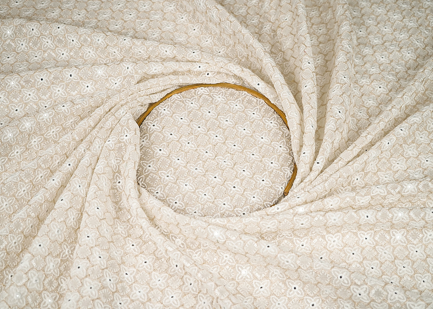 White Dyeable Georgette Fabric With All Over Zari, Thread And Fuax Mirror Work 21962