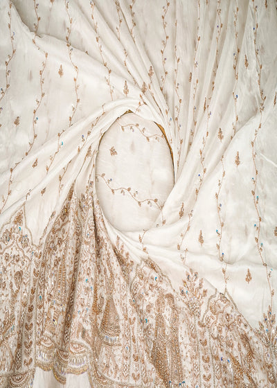 White Dyeable Dola Silk Fabric With All Over Zari, Sequins, Bead And Katdana Work With One Side Scalloped Border 21963