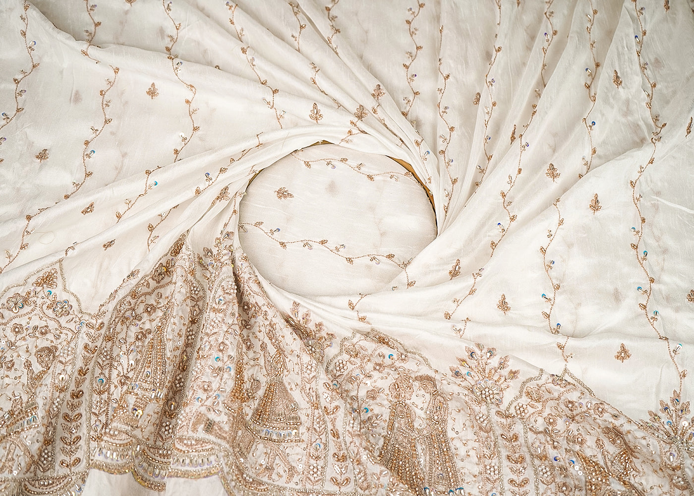 White Dyeable Dola Silk Fabric With All Over Zari, Sequins, Bead And Katdana Work With One Side Scalloped Border 21963