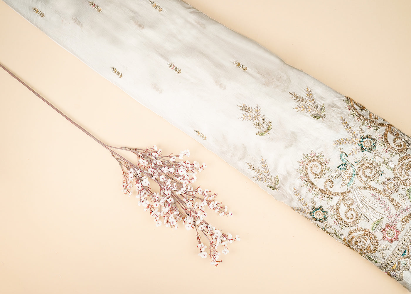 White Dyeable Dola Silk Fabric With All Over Zari, Sequins, Bead, Katdana And Multi Color Thread Work With One Side Scalloped Border 21964