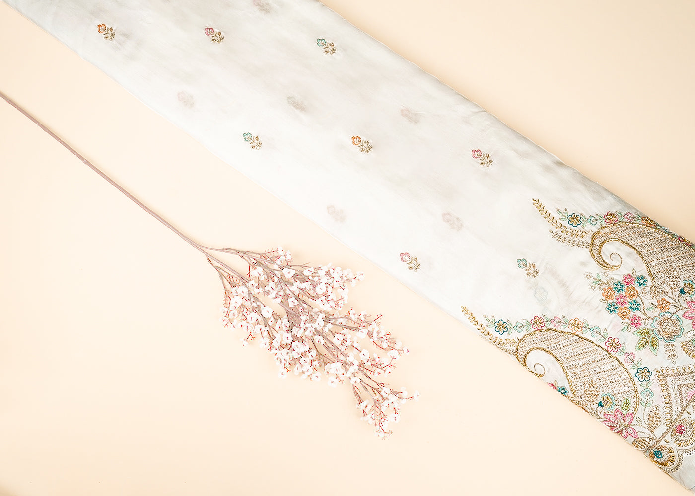 White Dyeable Dola Silk Fabric With All Over Buti Of Zari, Sequins, Bead, Katdana And Multi Color Thread Work With One Side Scalloped Border 21965