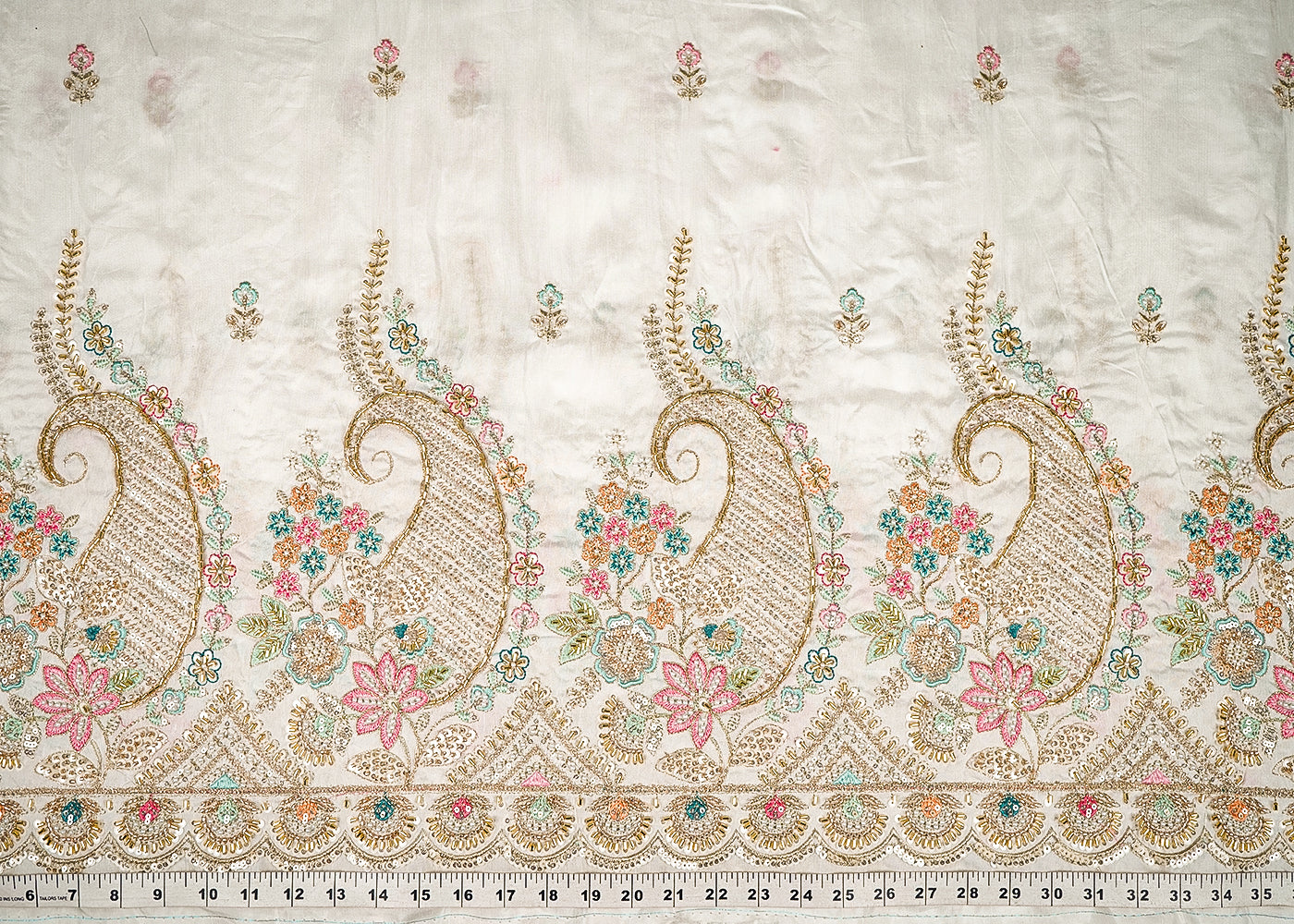White Dyeable Dola Silk Fabric With All Over Buti Of Zari, Sequins, Bead, Katdana And Multi Color Thread Work With One Side Scalloped Border 21965
