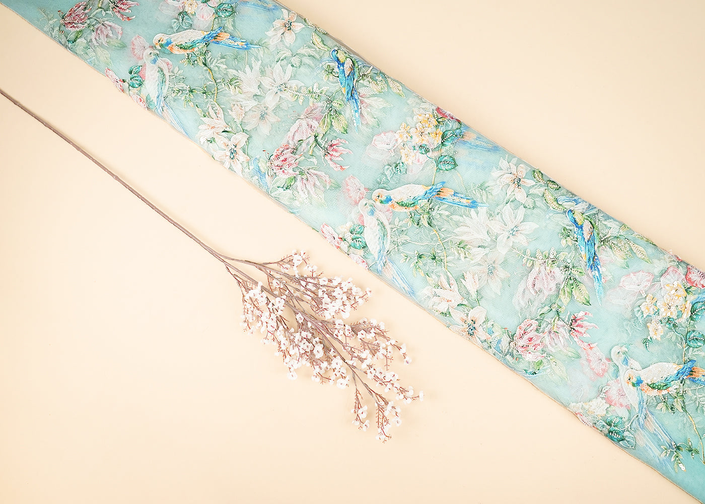 Sky Blue Imported Net Fabric With All Over Bird Motif of Sequins, Bead and Patch Work 21967