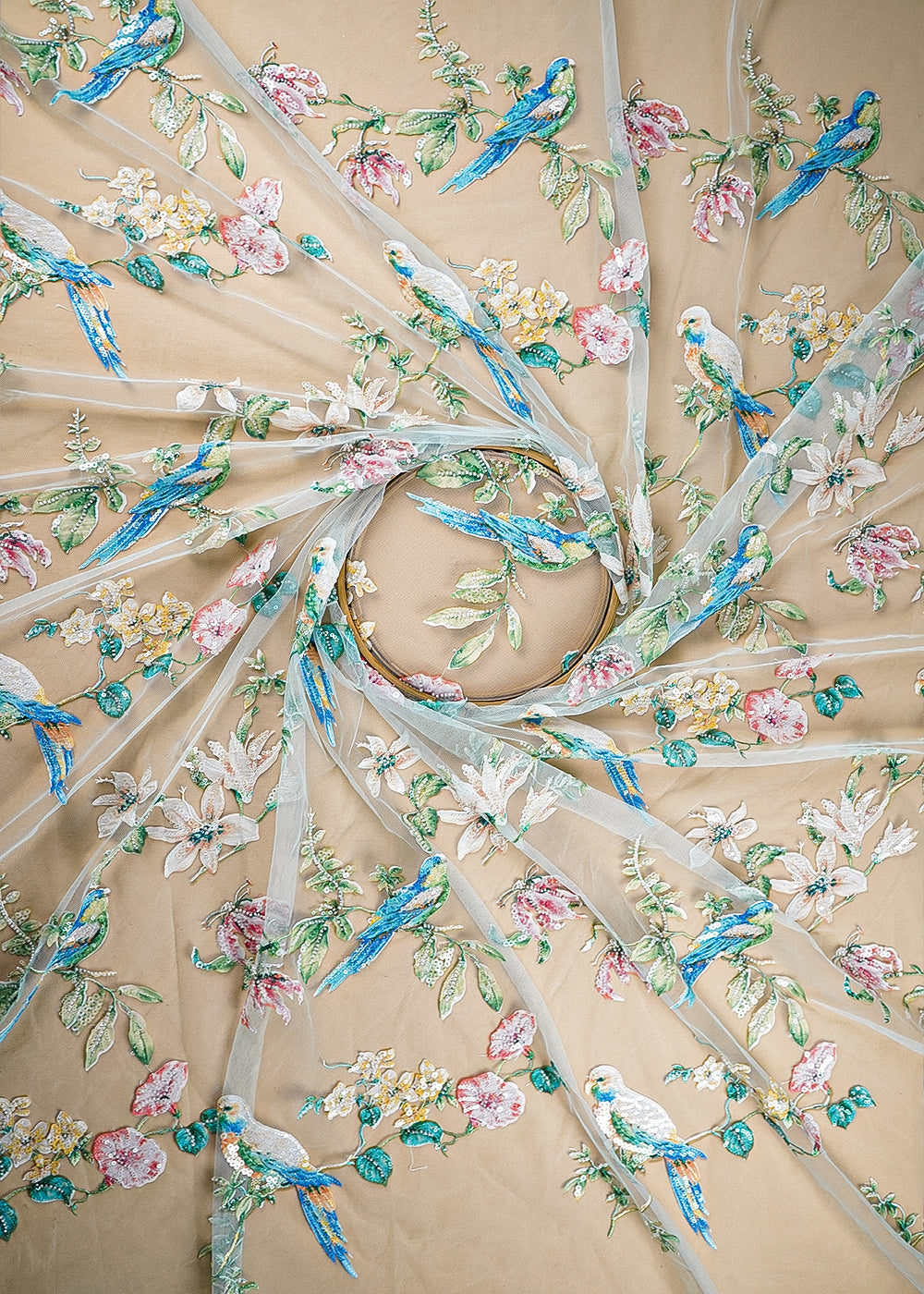 Sky Blue Imported Net Fabric With All Over Bird Motif of Sequins, Bead and Patch Work 21967