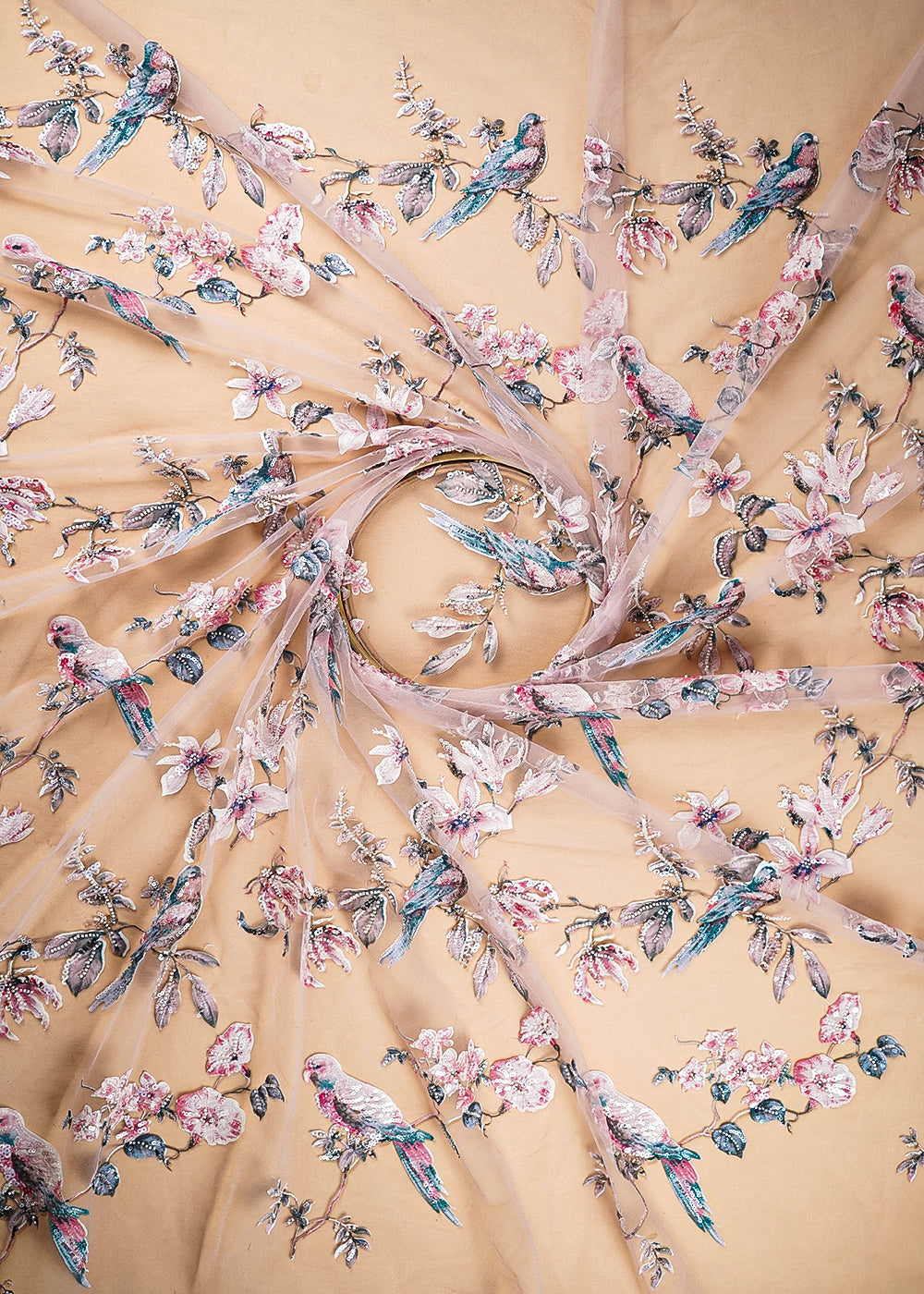 Onion Pink Imported Net Fabric With All Over Bird Motif of Sequins, Bead and Patch Work 21968