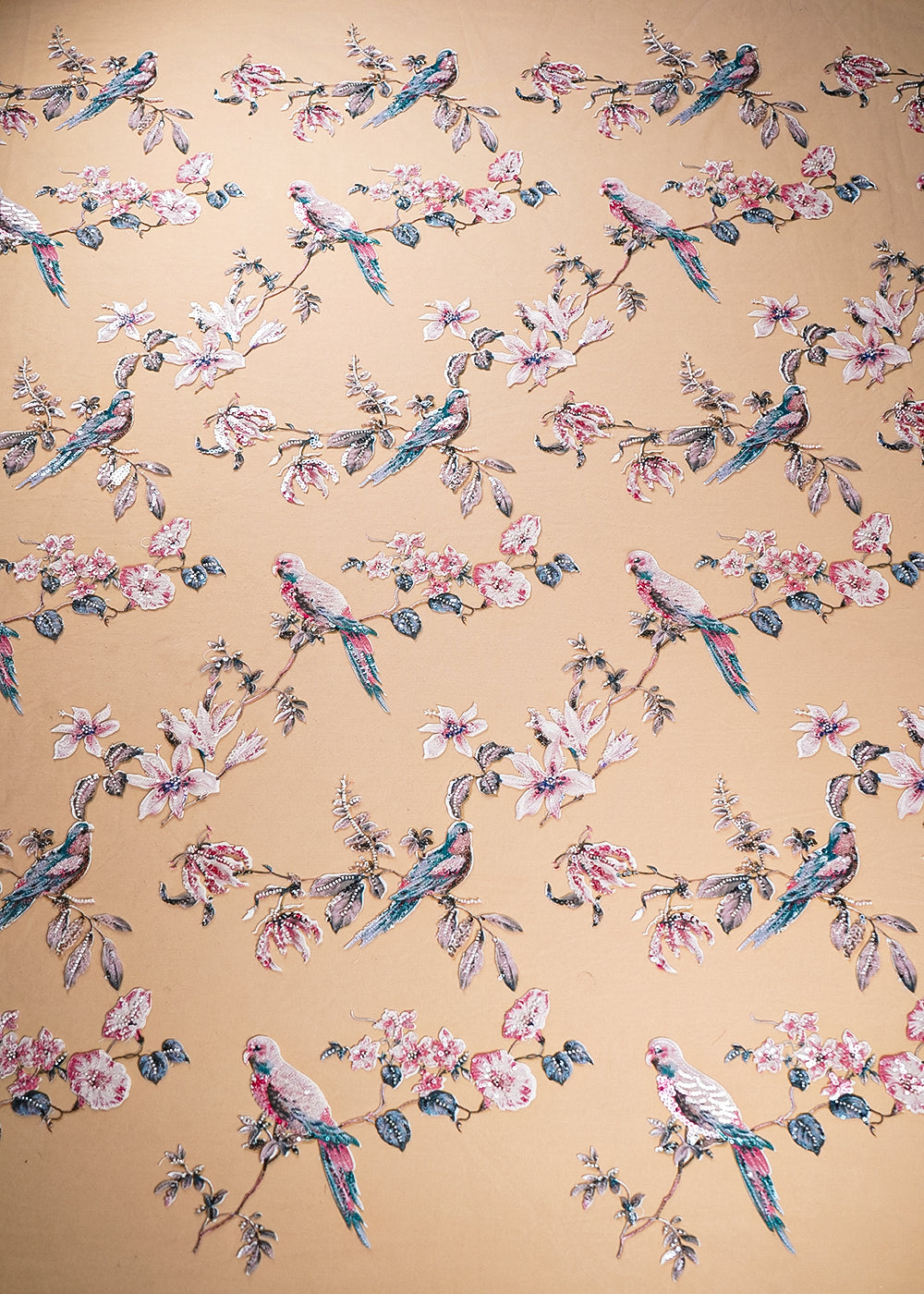 Onion-Pink-Imported-Net-Fabric-With-All-Over-Bird-Motif-of-Sequins-Bead-and-Patch-Work-21968-work-detail