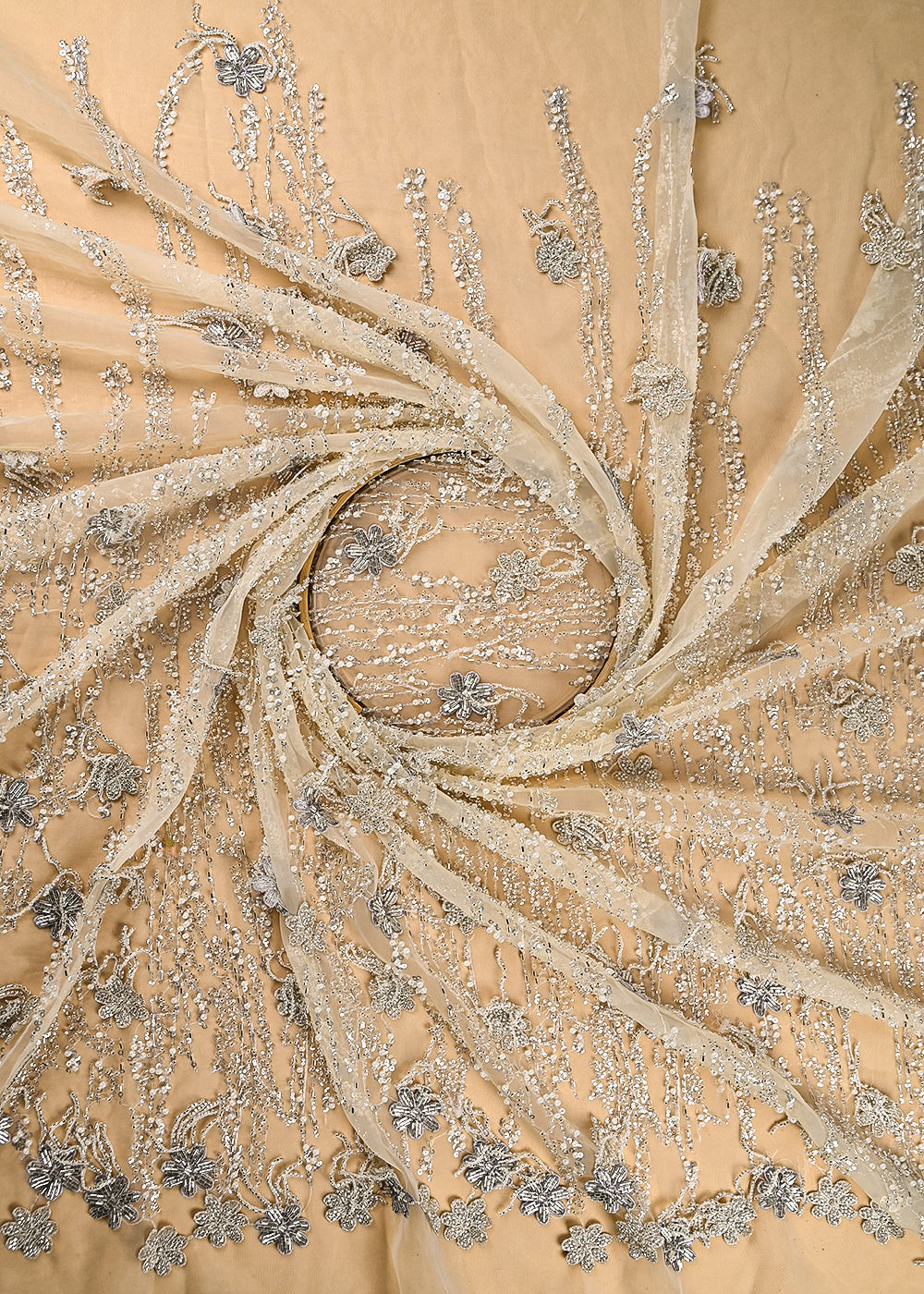 Golden Organza Satin Fabric With All Over Zari, Sequins, Katdana, Bead And Pearl With 3D Work 21970