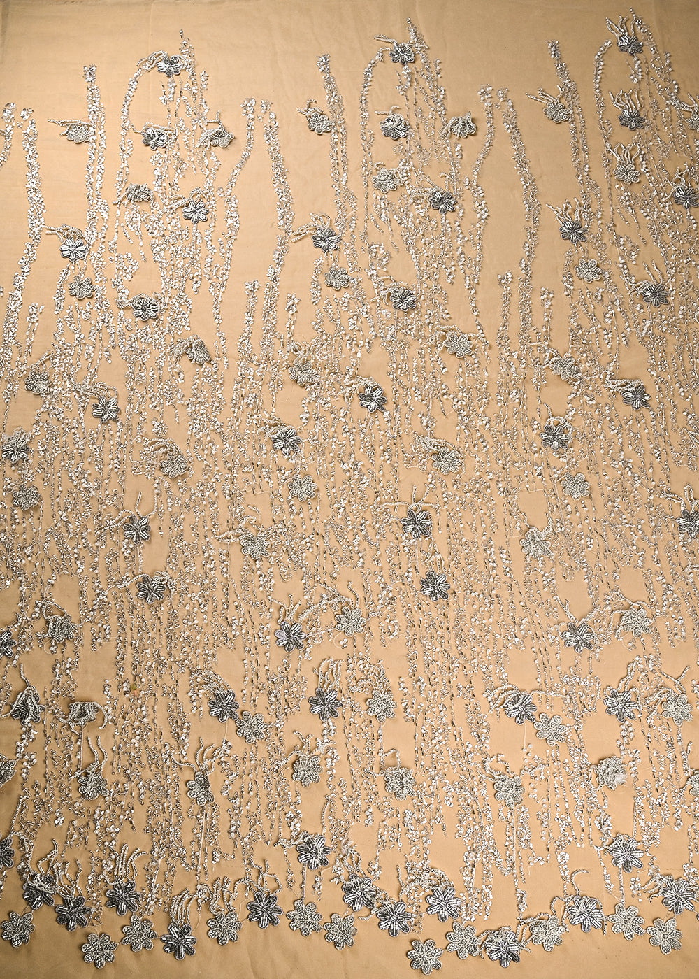 Golden Organza Satin Fabric With All Over Zari, Sequins, Katdana, Bead And Pearl With 3D Work 21970