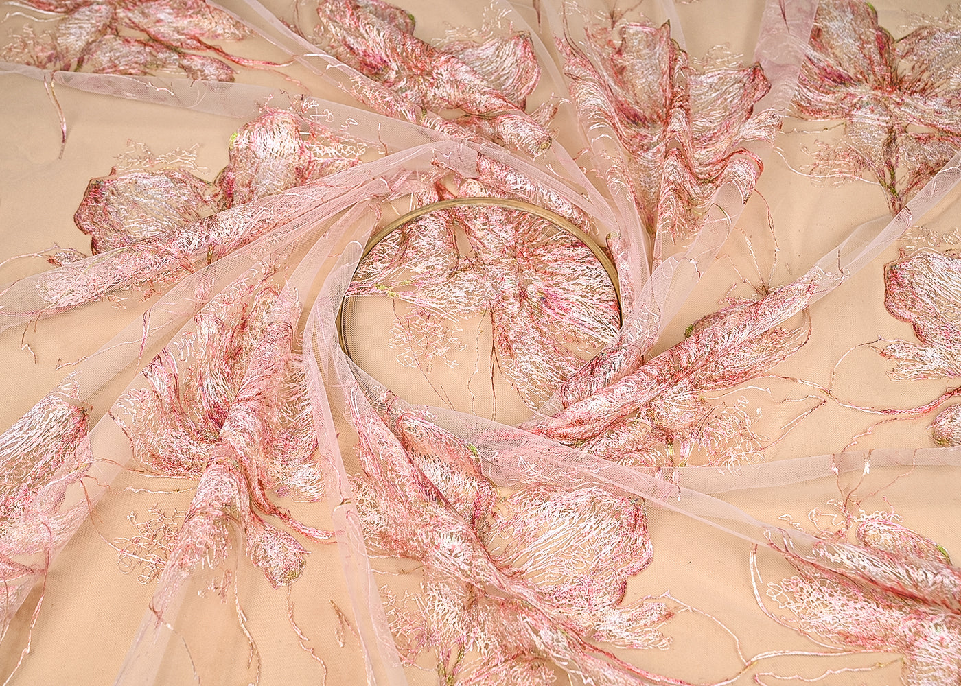 Pink Imported Net Fabric With All Over Floral Thread Work 21971