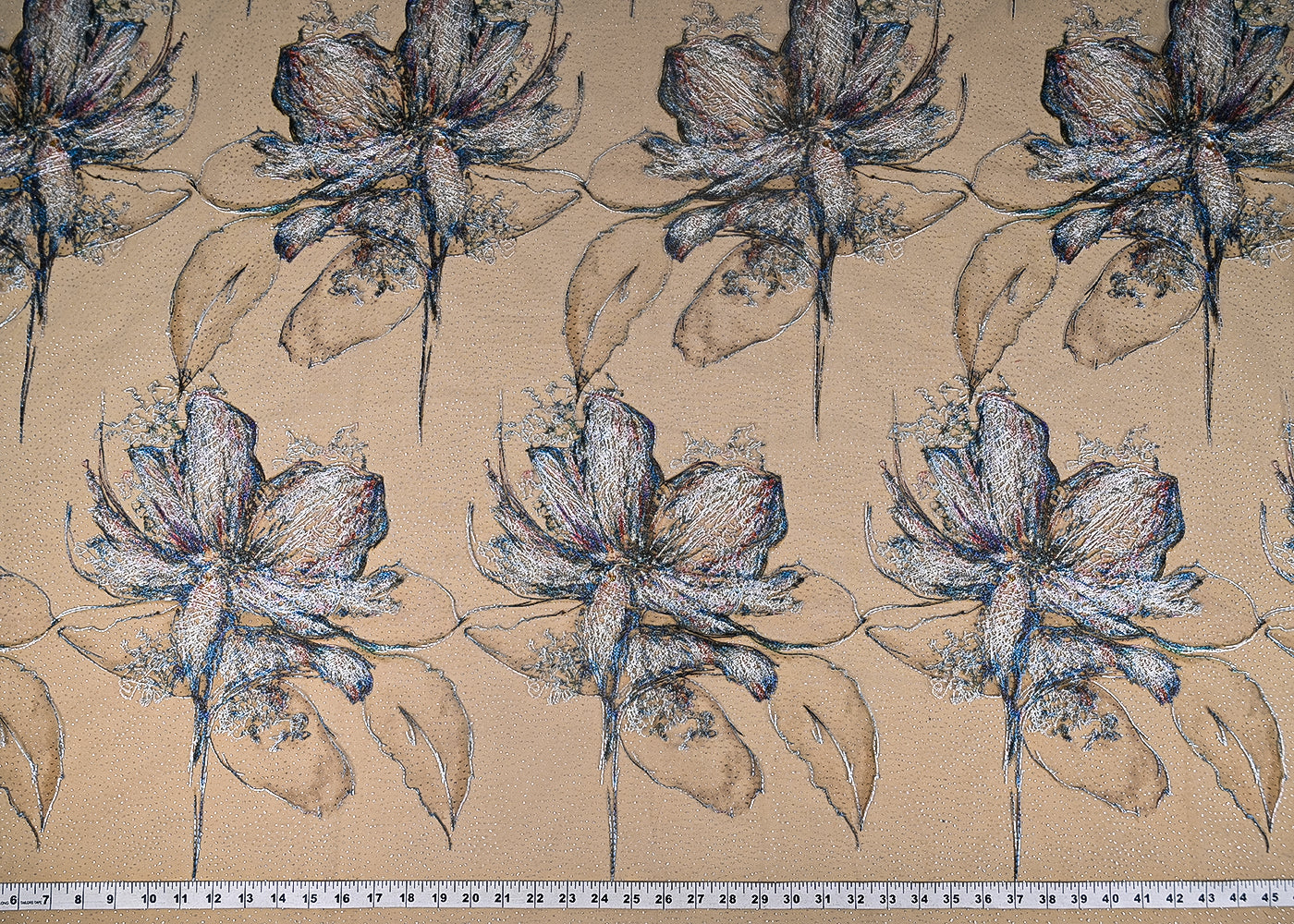 Blue Imported Net Fabric With All Over Floral Thread Work 21974