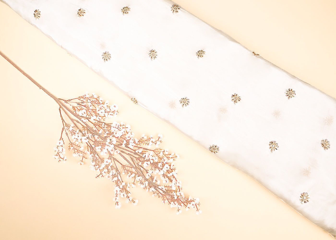 White Dyeable Crepe Fabric With All Over Buti Of Zari, Sequins, Katdana And Bead Work 21988