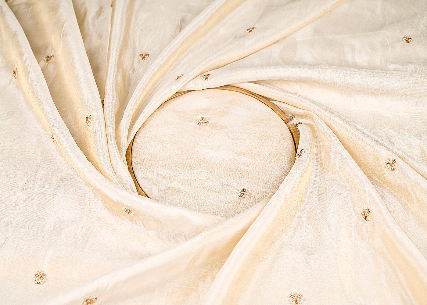 Golden Dyeable Tissue Fabric With All Over Buti Of Zari, Katdana And Bead Work 21994