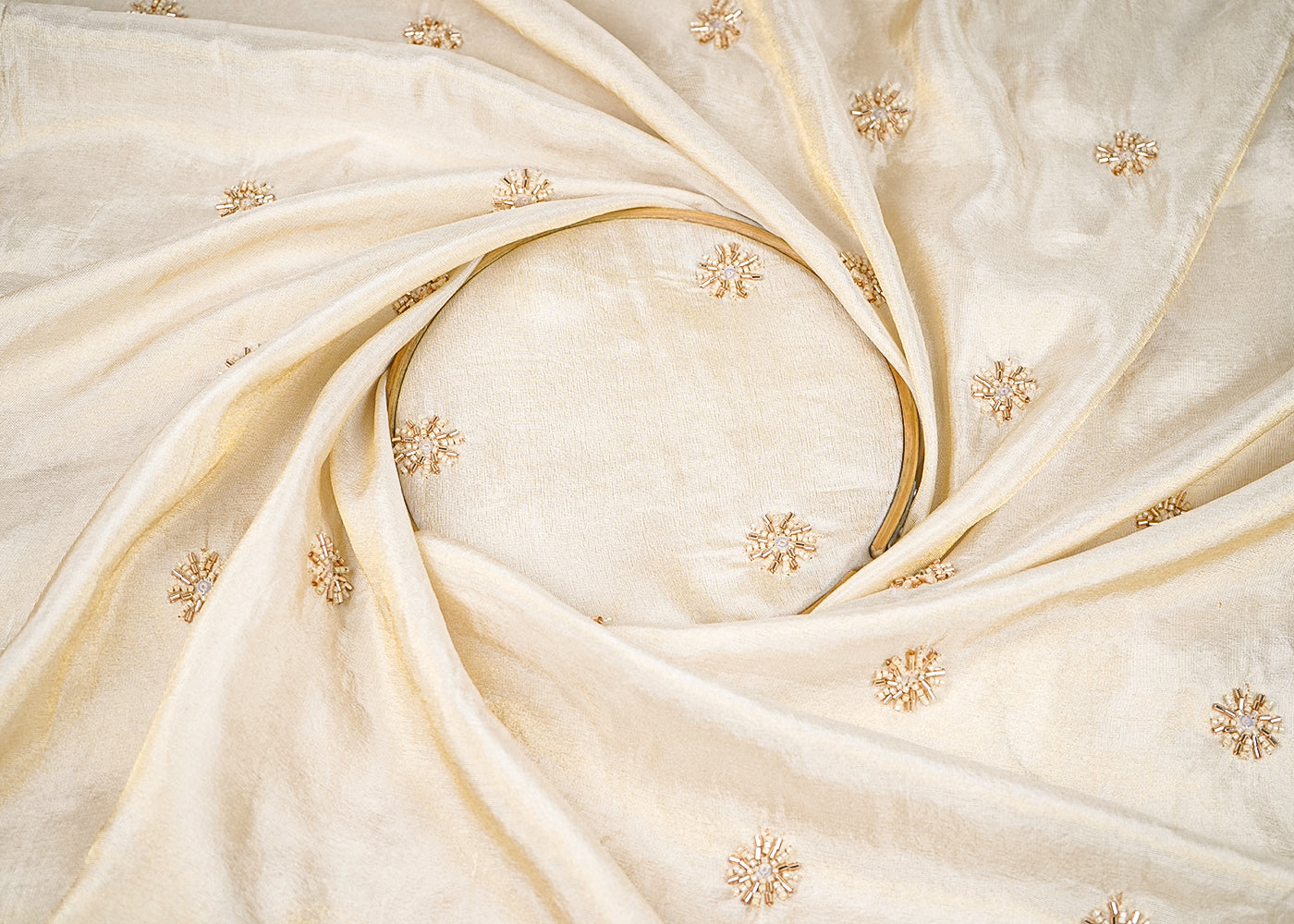 Golden Dyeable Tissue Fabric With All Over Buti Of Sequin, Katdana And Bead Work 21995