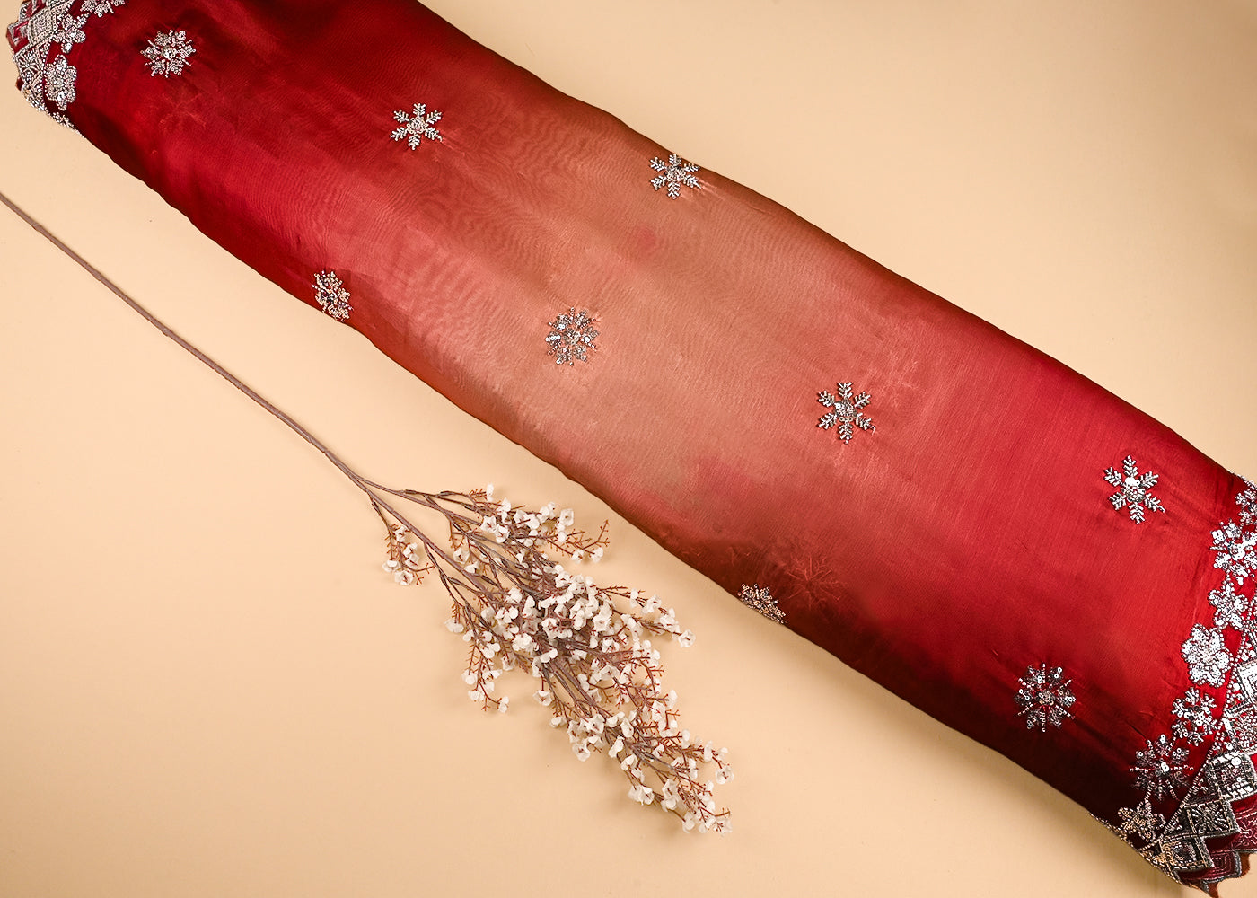 Wine Organza Satin Fabric With All Over Ombre Shade, Bead And Sequins Work With Border 22000