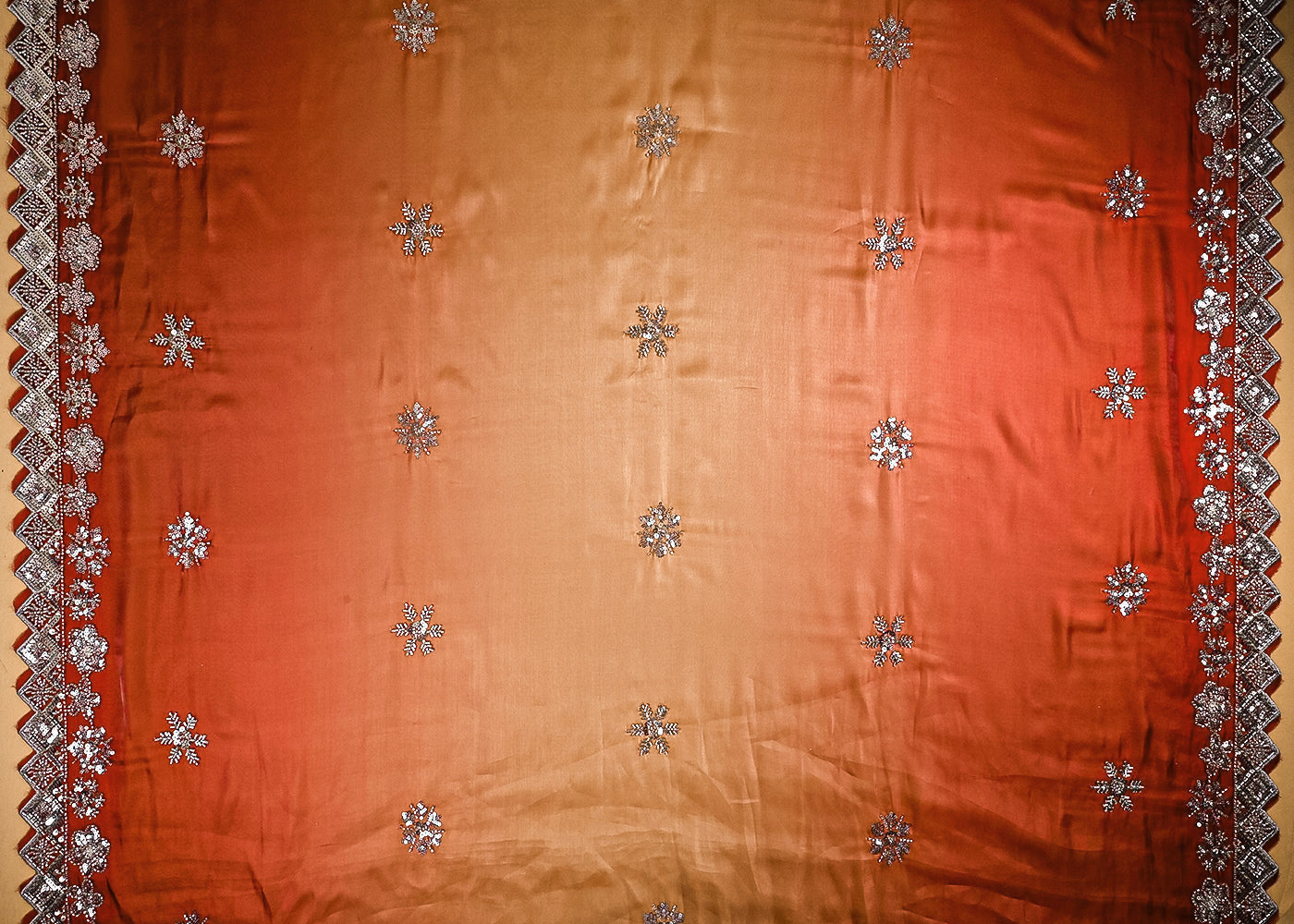 Wine Organza Satin Fabric With All Over Ombre Shade, Bead And Sequins Work With Border 22000
