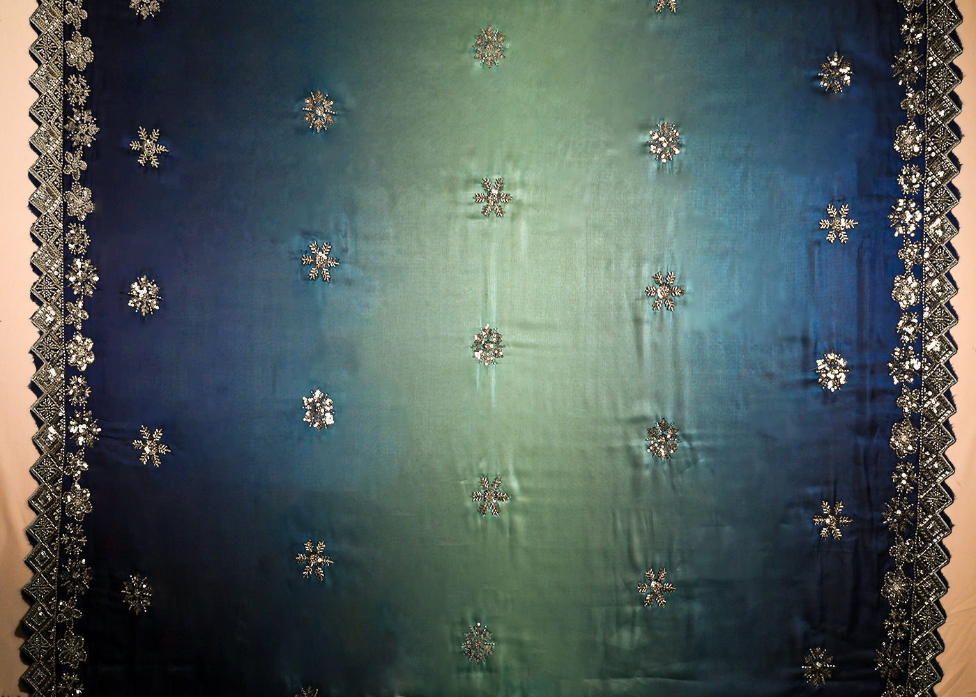 Royal Blue Organza Satin Fabric With All Over Ombre Shade, Bead And Sequins Work With Border 22001