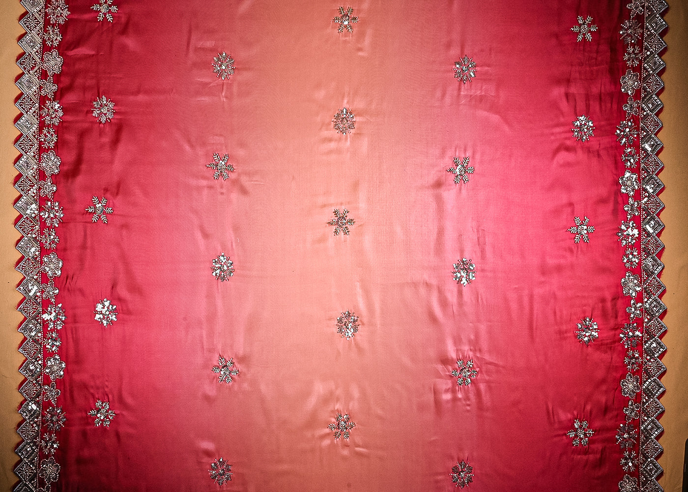 Pink Organza Satin Fabric With All Over Ombre Shade, Bead And Sequins Work With Border 22002
