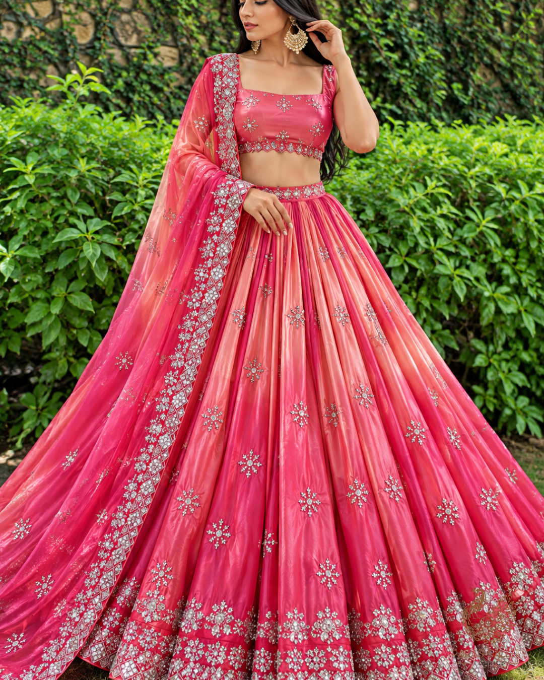 Pink Organza Satin Fabric With All Over Ombre Shade, Bead And Sequins Work With Border 22002