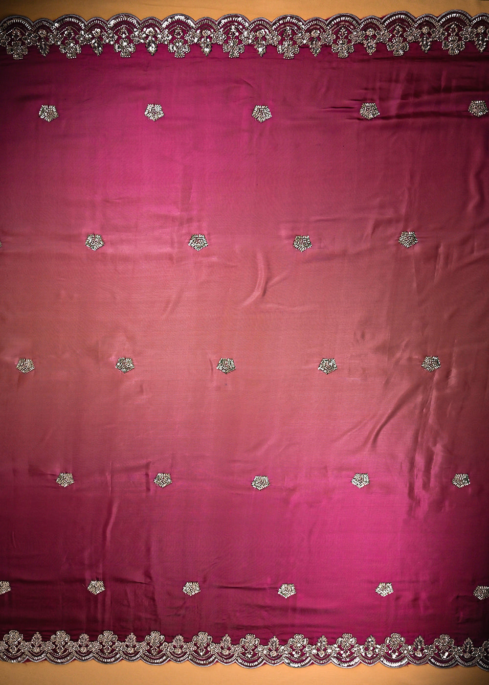 Purple Organza Satin Fabric With All Over Bead, Sequins, Zari And Ombre Shade With Two Side Scalloped Borders 22003