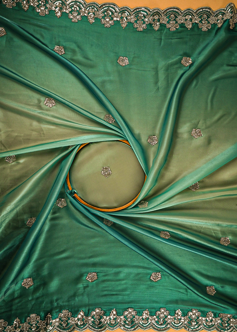 Green Organza Satin Fabric With All Over Ombre Shade, Bead And Sequins Work With Border 22004