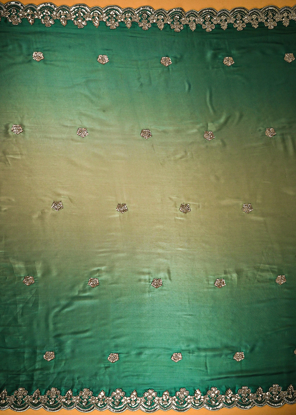 Green Organza Satin Fabric With All Over Ombre Shade, Bead And Sequins Work With Border 22004