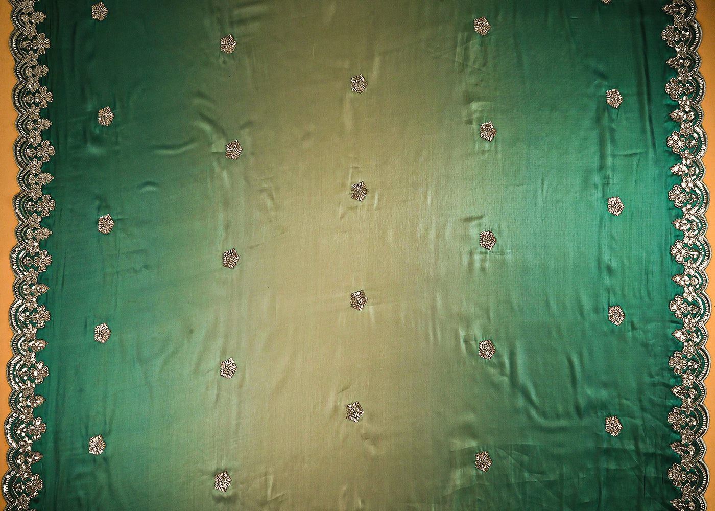 Green Organza Satin Fabric With All Over Ombre Shade, Bead And Sequins Work With Border 22004