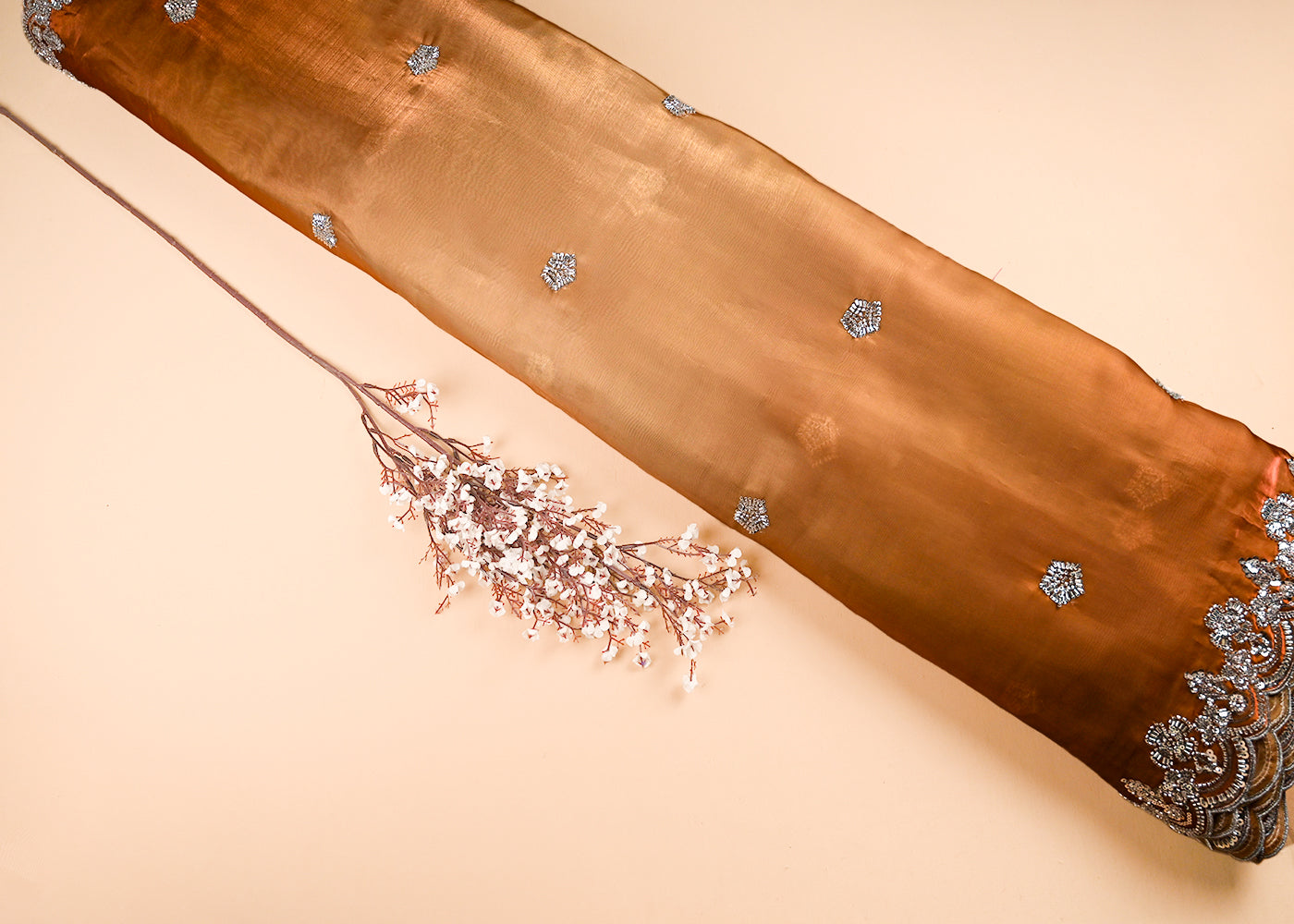 Golden Organza Satin Fabric With All Over Bead, Sequins, Zari And Ombre Shade With Two Side Scalloped Borders 22005