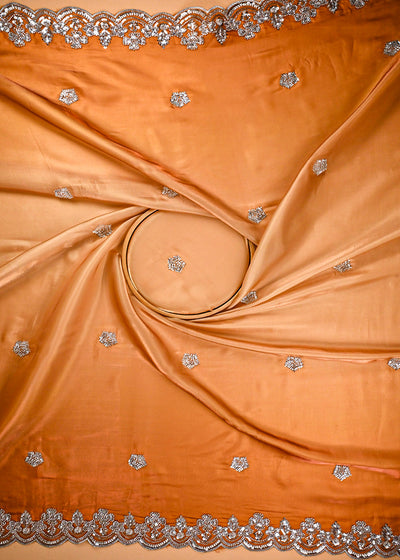 Golden Organza Satin Fabric With All Over Bead, Sequins, Zari And Ombre Shade With Two Side Scalloped Borders 22005