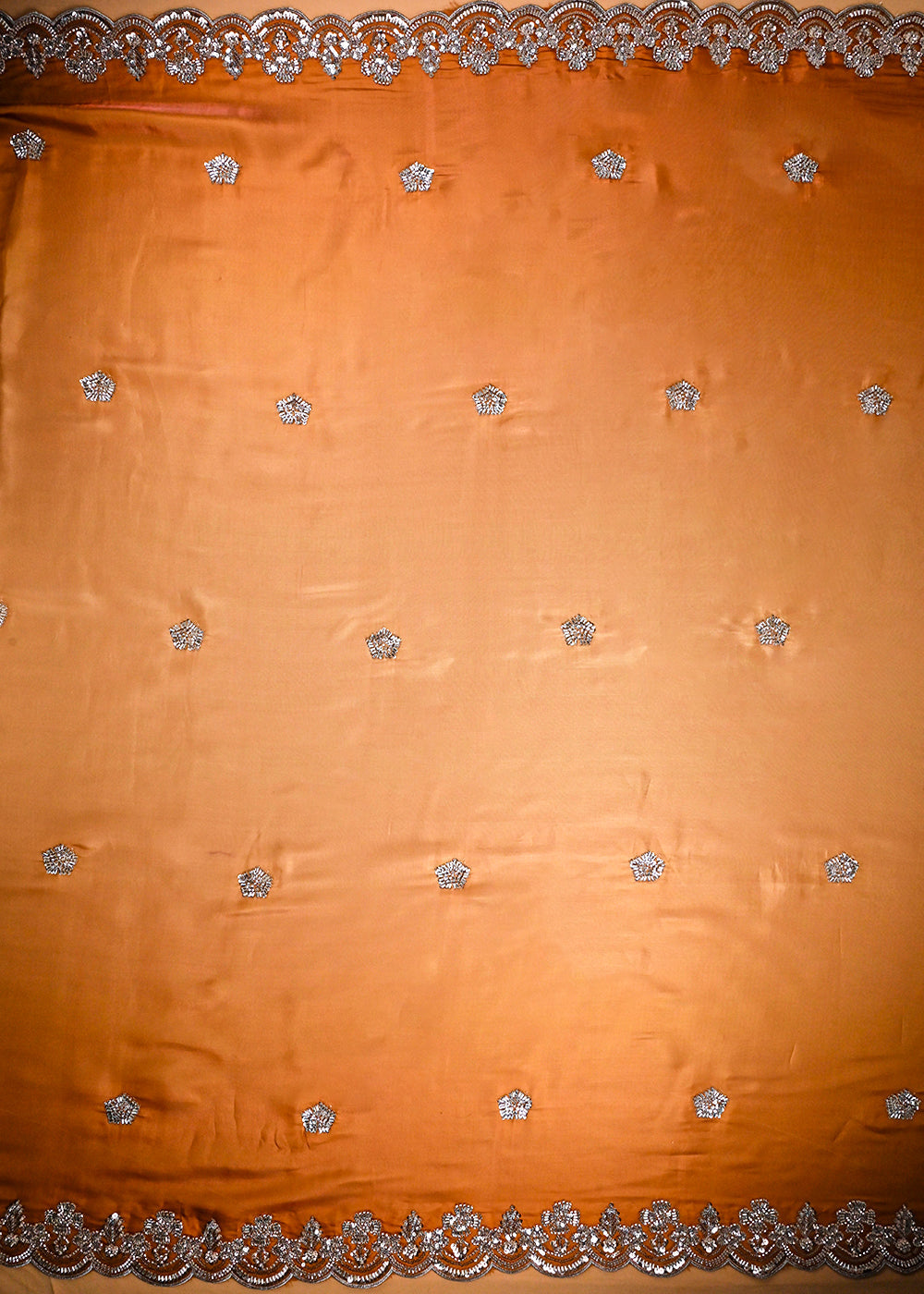 Golden Organza Satin Fabric With All Over Bead, Sequins, Zari And Ombre Shade With Two Side Scalloped Borders 22005