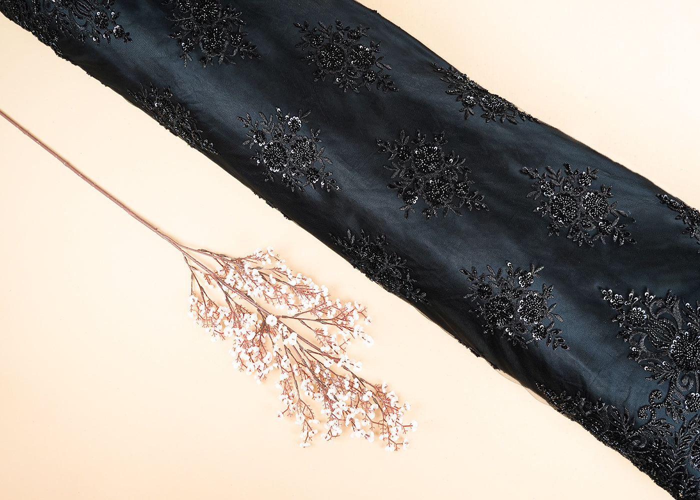 Black Net Fabric With All Over Thread, Sequins And Katdana Work With Two Side Scalloped Border 22006