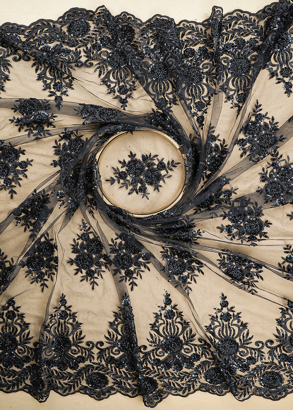 Black Net Fabric With All Over Thread, Sequins And Katdana Work With Two Side Scalloped Border 22006