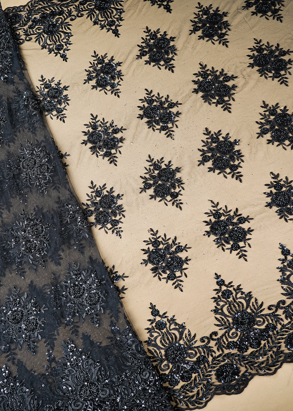 Black Net Fabric With All Over Thread, Sequins And Katdana Work With Two Side Scalloped Border 22006