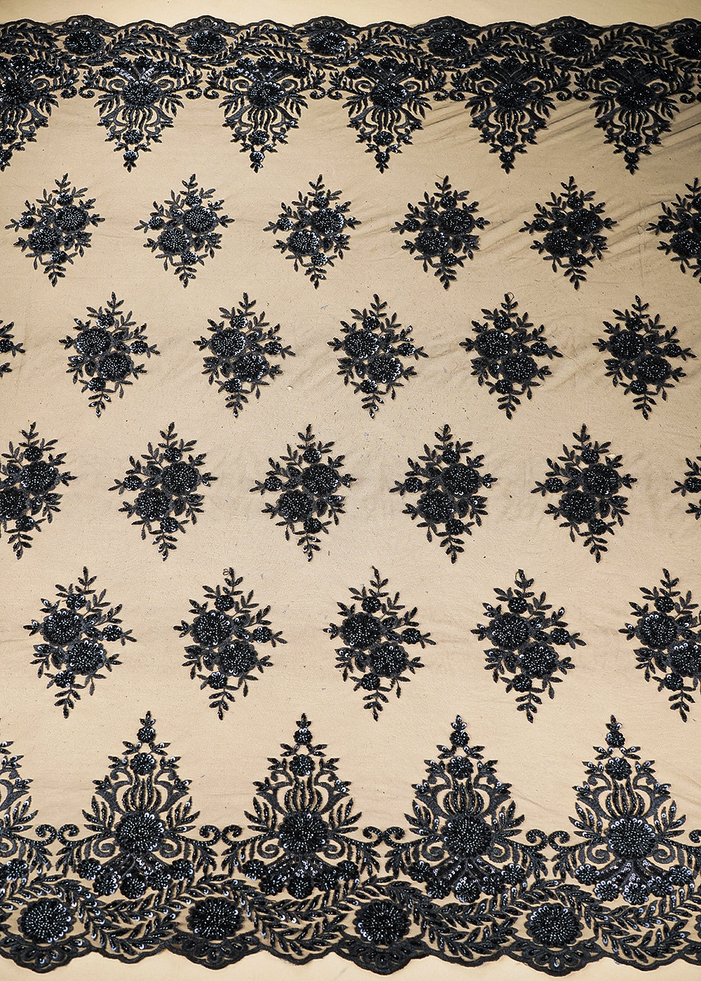 Black Net Fabric With All Over Thread, Sequins And Katdana Work With Two Side Scalloped Border 22006