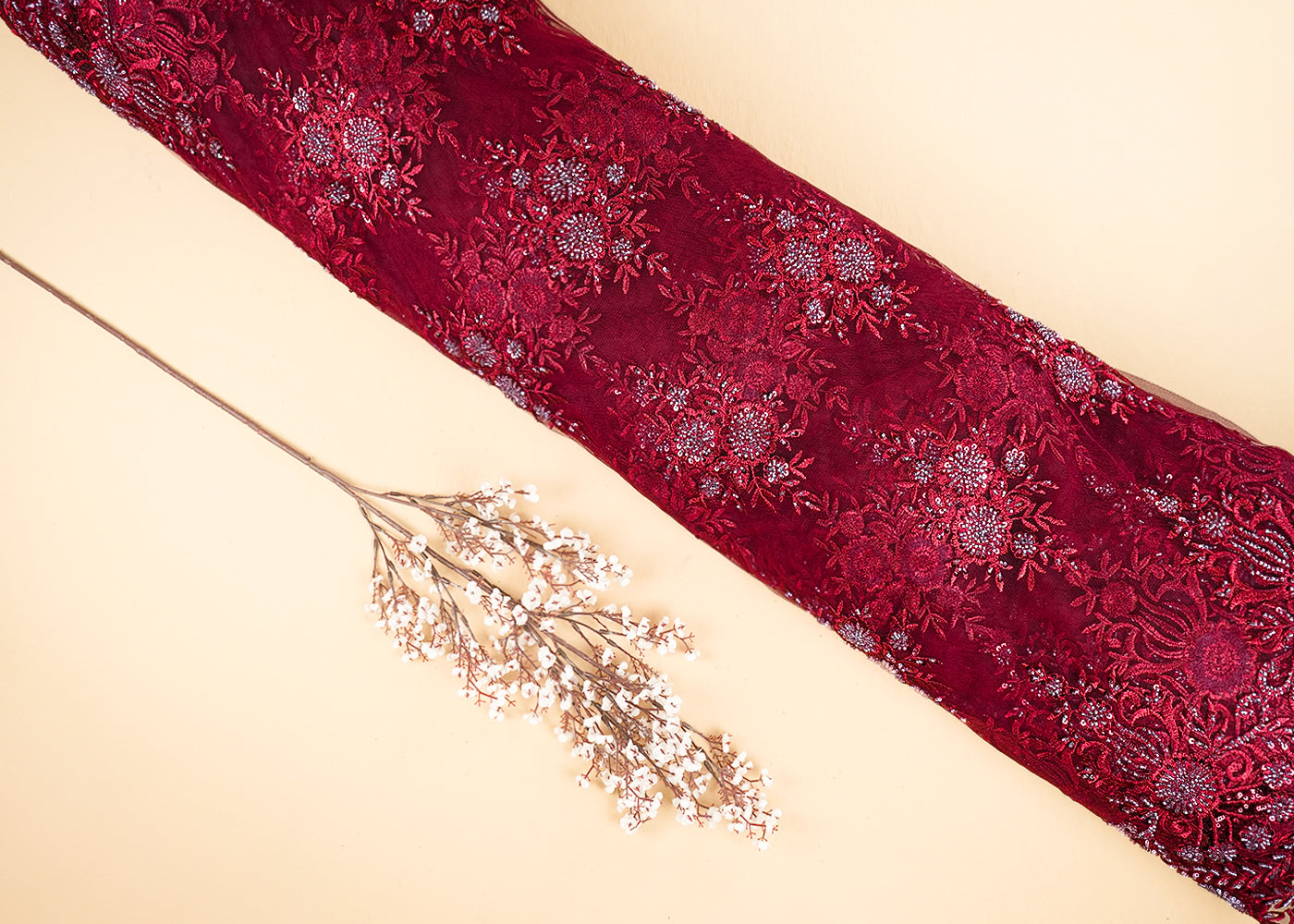 Maroon Imported Net Fabric With All Over Katdana, Sequins And Bead Handwork With Scalloped Border 22007