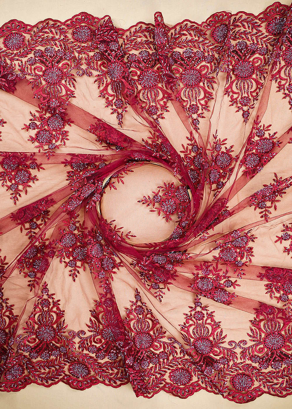 Maroon Imported Net Fabric With All Over Katdana, Sequins And Bead Handwork With Scalloped Border 22007