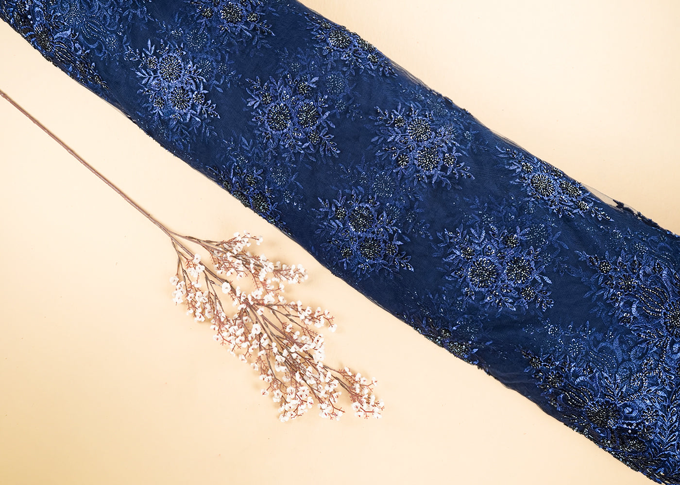 Navy Blue Imported Net Fabric With All Over Katdana, Sequins And Bead Handwork With Scalloped Border 22008