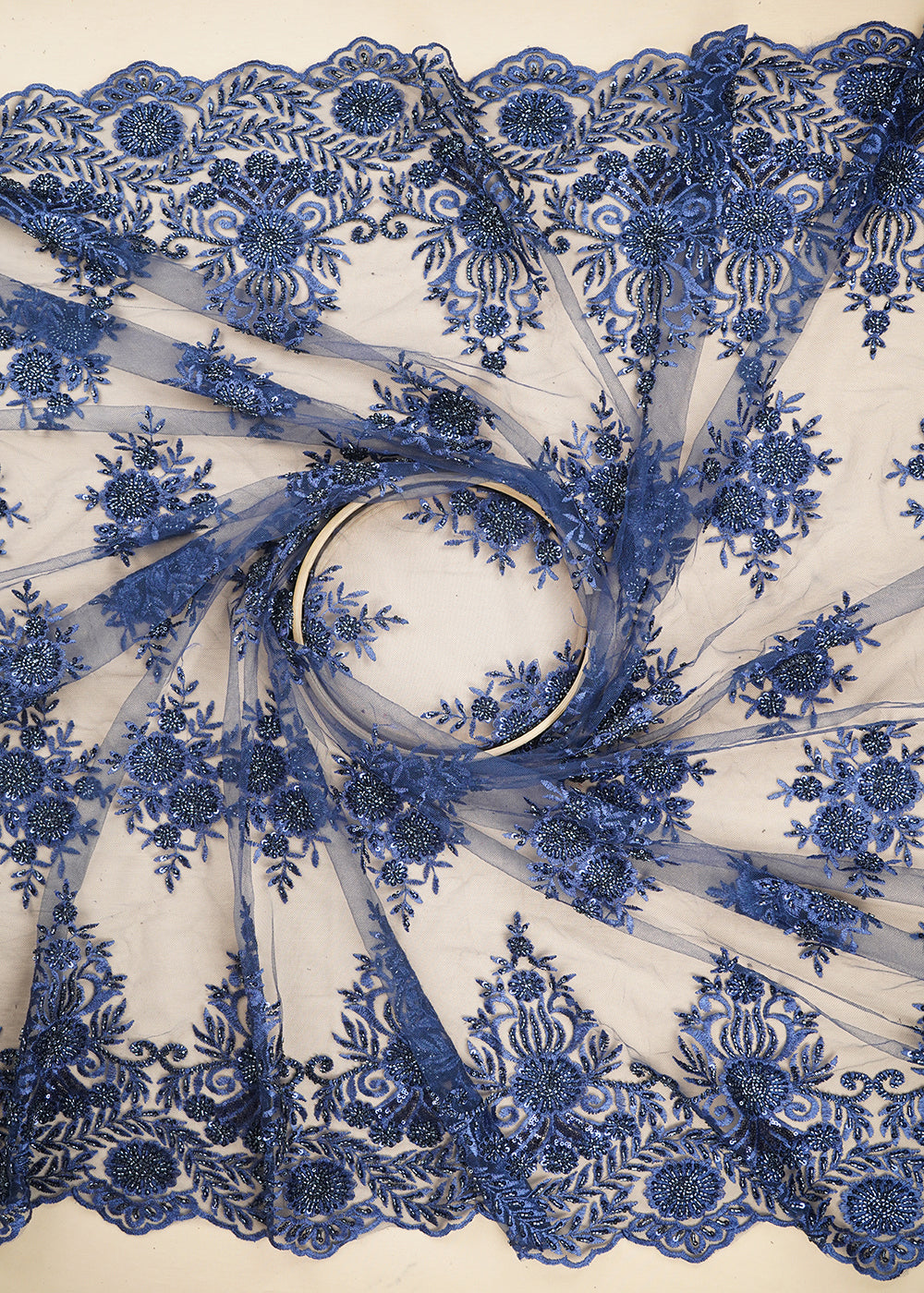 Navy Blue Imported Net Fabric With All Over Katdana, Sequins And Bead Handwork With Scalloped Border 22008