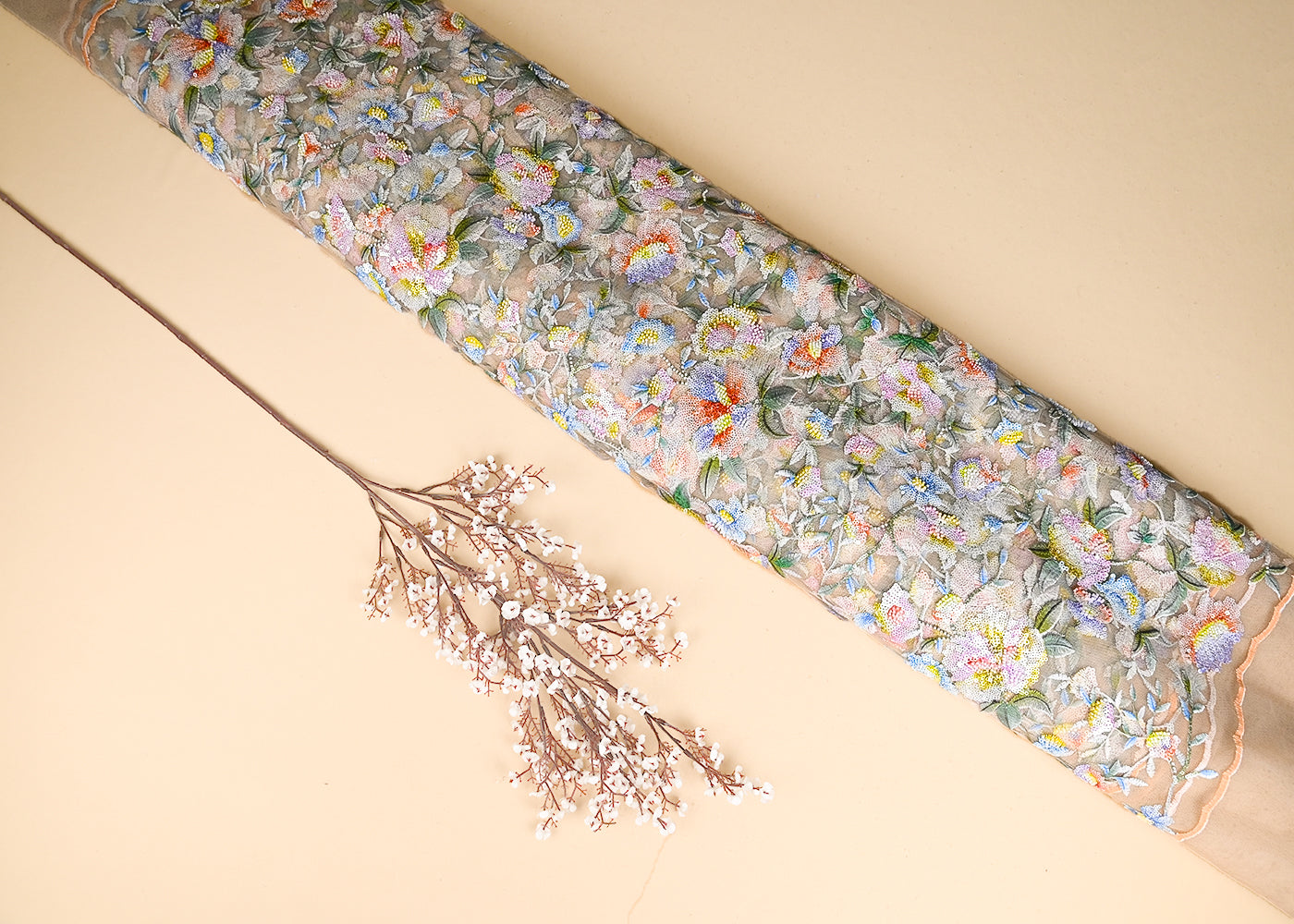 Beige Imported Net Fabric With All Over Sequins And Bead Work With Both Side Scaloped Edges 22010