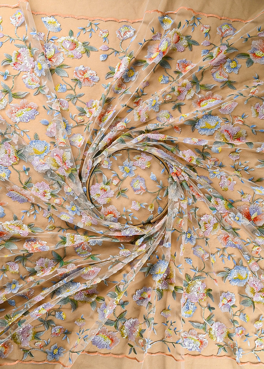 Beige Imported Net Fabric With All Over Sequins And Bead Work With Both Side Scaloped Edges 22010