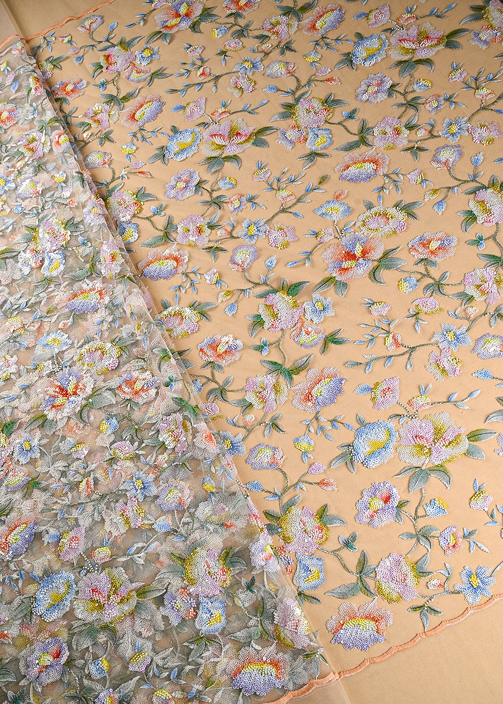 Beige Imported Net Fabric With All Over Sequins And Bead Work With Both Side Scaloped Edges 22010