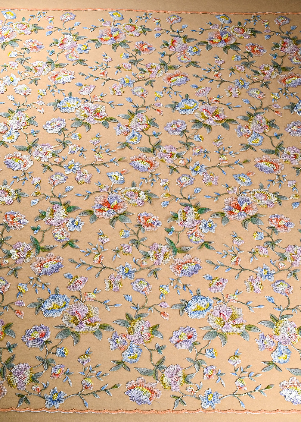 Beige Imported Net Fabric With All Over Sequins And Bead Work With Both Side Scaloped Edges 22010