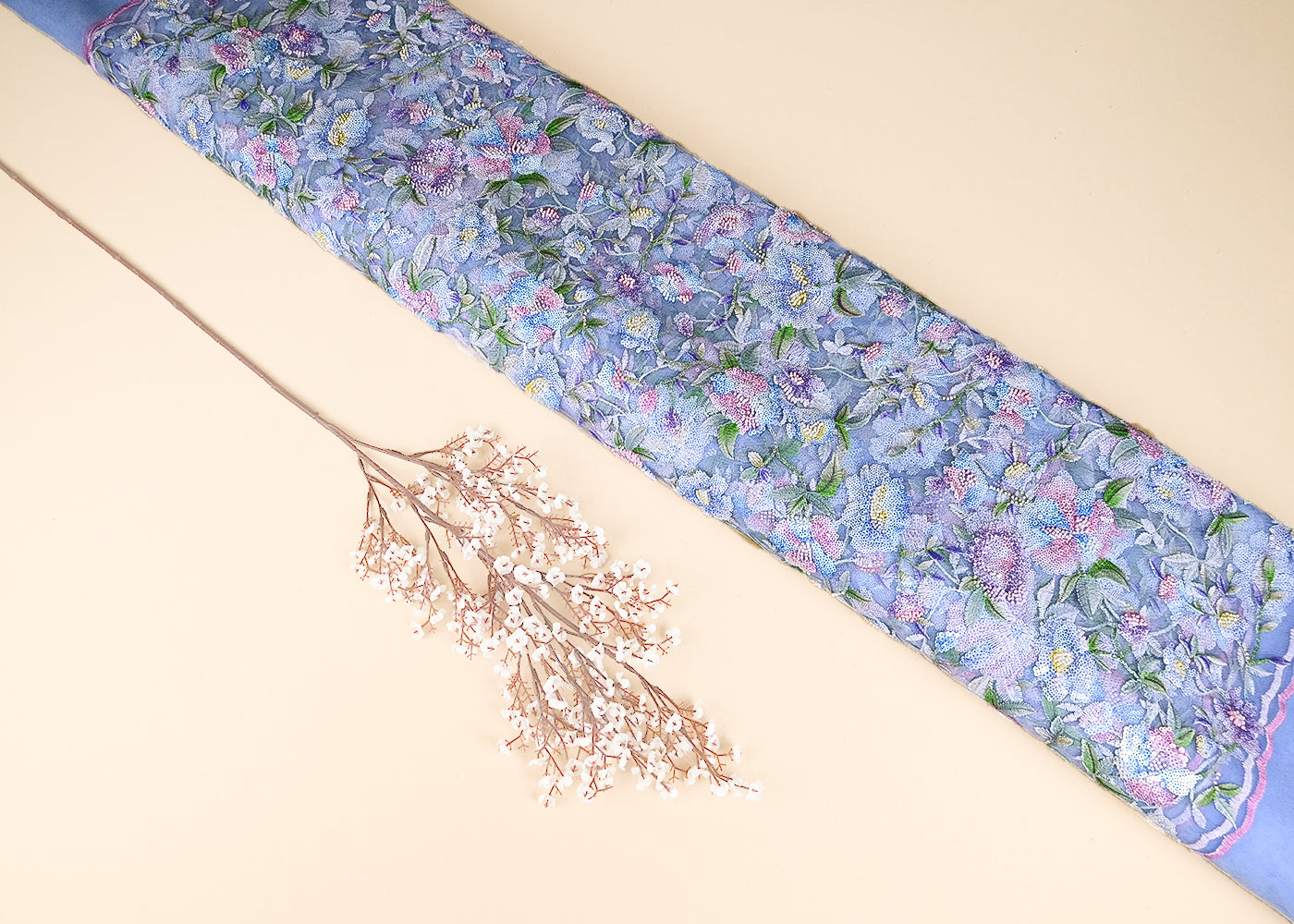 Blue Imported Net Fabric With All Over Sequins And Bead Work With Both Side Scaloped Edges 22011