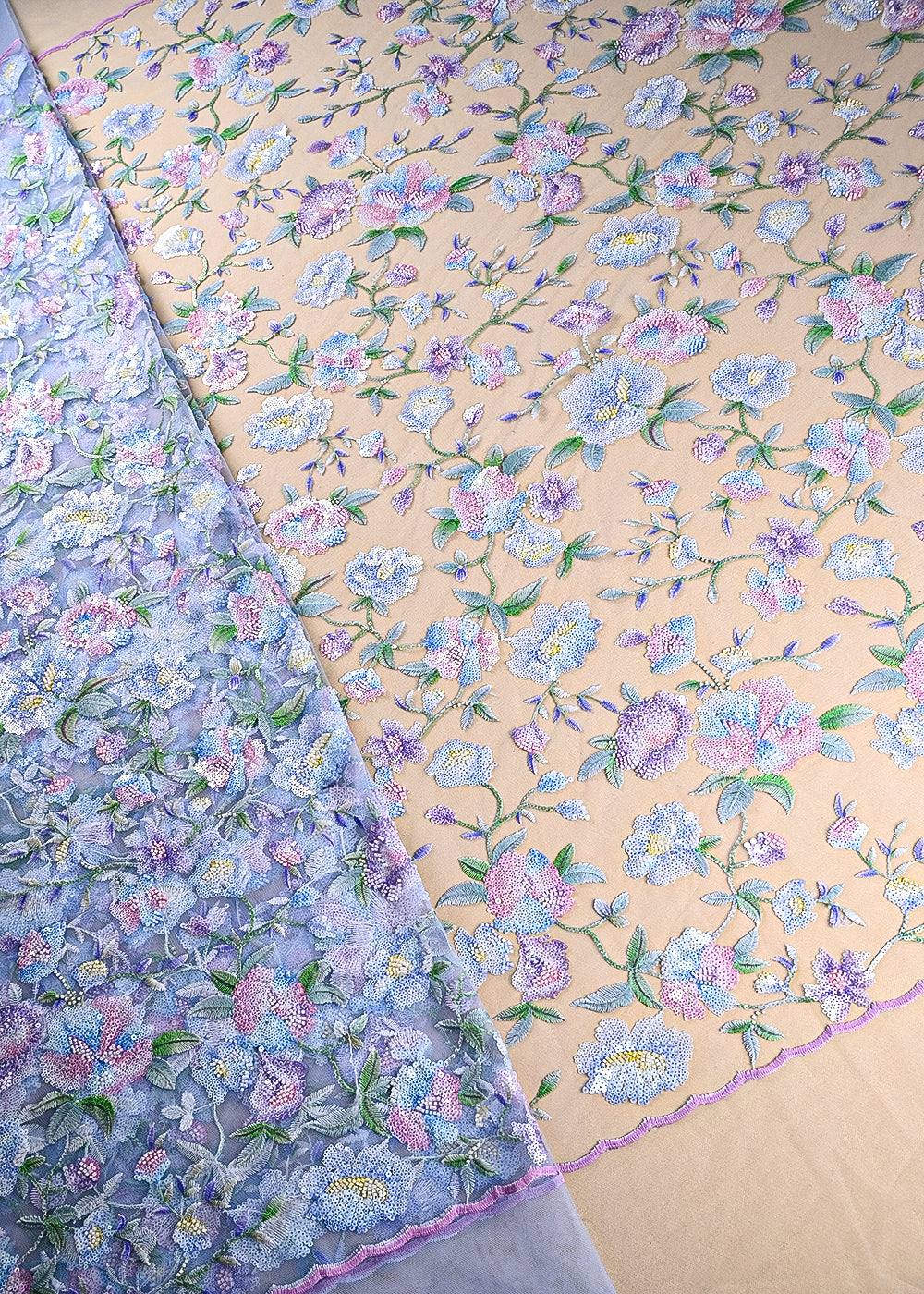 Blue Imported Net Fabric With All Over Sequins And Bead Work With Both Side Scaloped Edges 22011