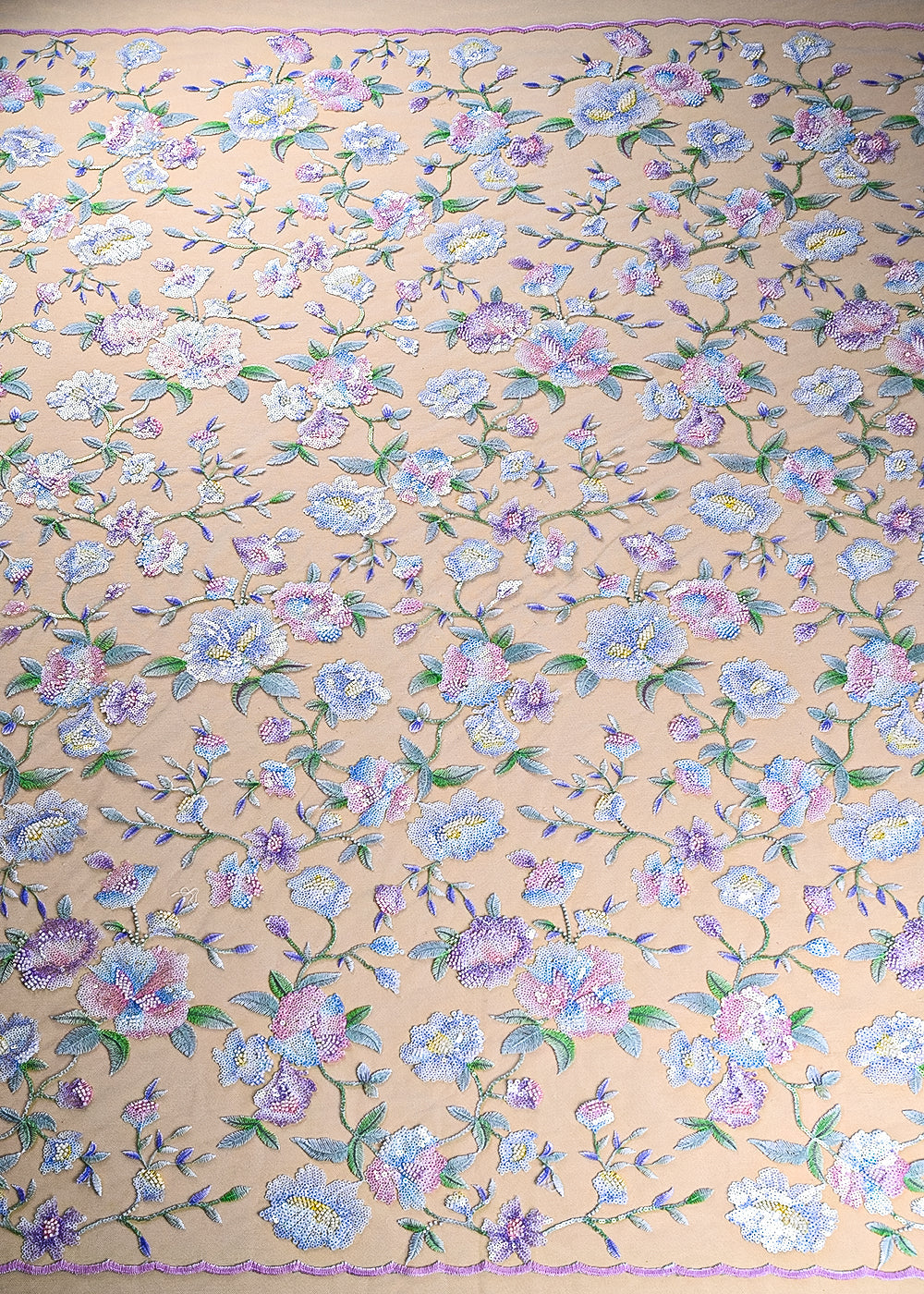 Blue Imported Net Fabric With All Over Sequins And Bead Work With Both Side Scaloped Edges 22011