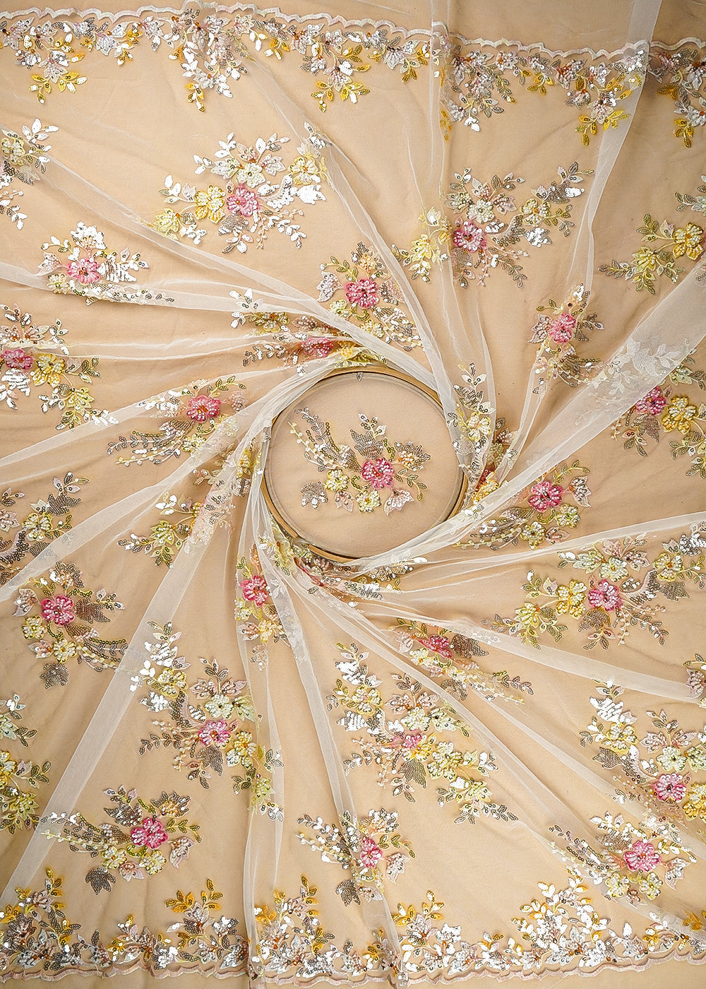 Off White Imported Net Fabric With All Over Sequins And Bead Work With Both Side Scaloped Edges 22013