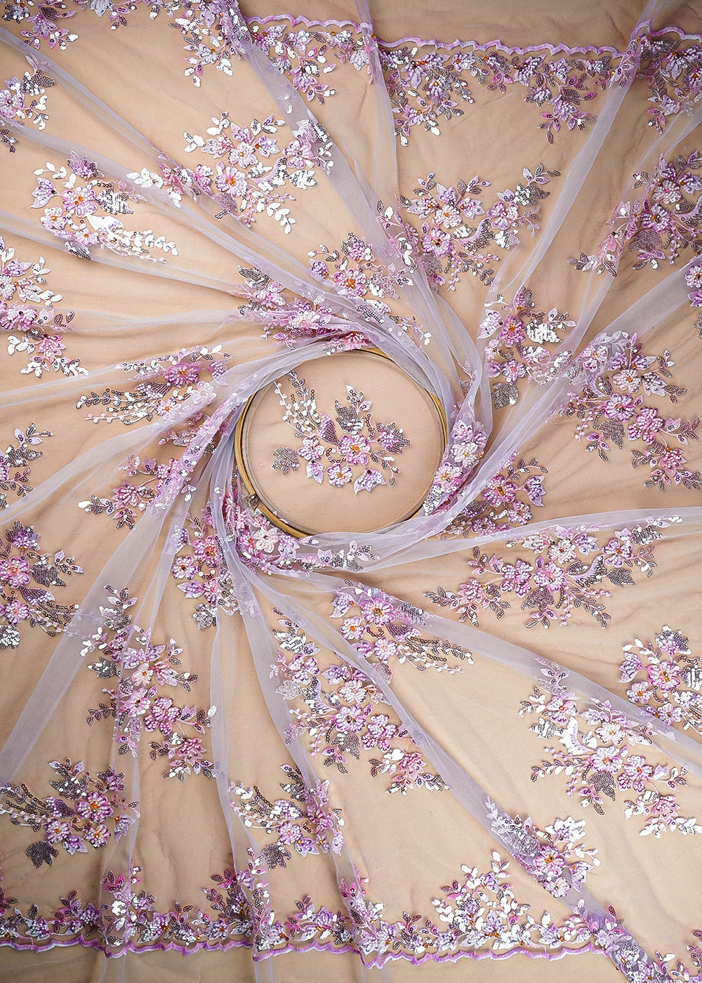 Lavender Imported Net Fabric With All Over Sequins And Bead Work With Both Side Scaloped Edges 22014