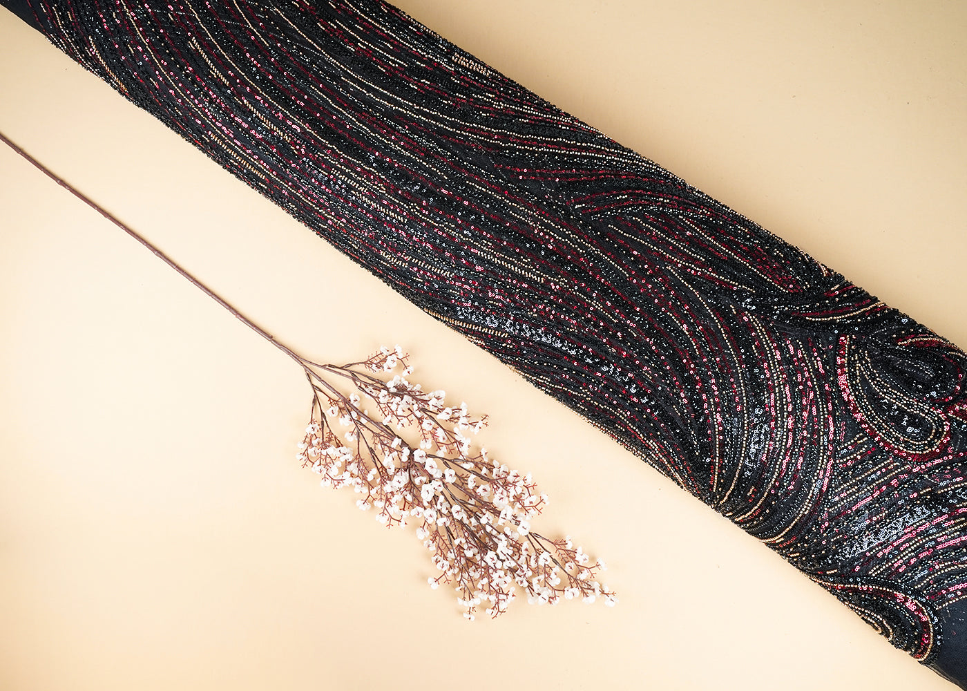 Black Imported Net Fabric With All Over Sequins And Bead Work 22018