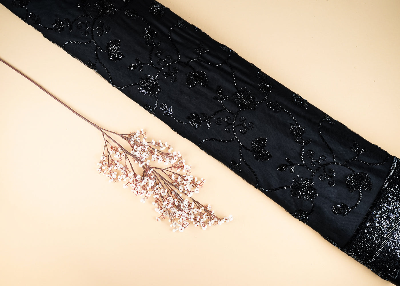 Black Imported Net Fabric With All Over Katdana, Bead And Sequins Work With One Side Scalloped Border 22033